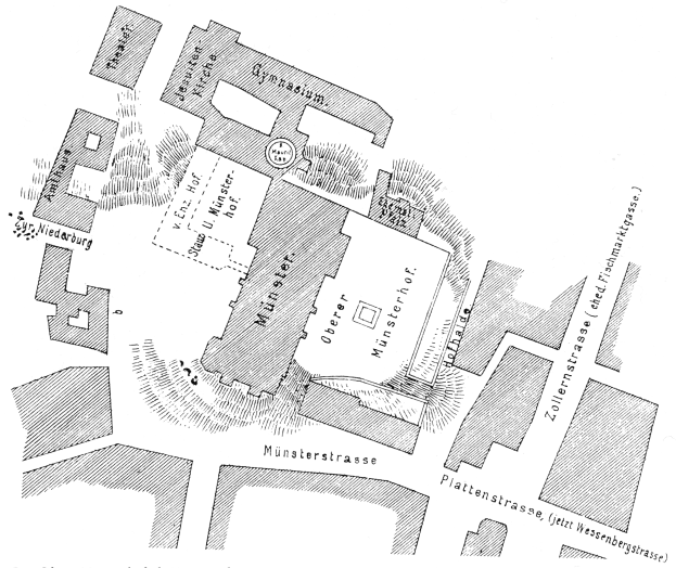 Black and white detailed map of Münsterstrasse city plan showing streets, buildings, and other features.