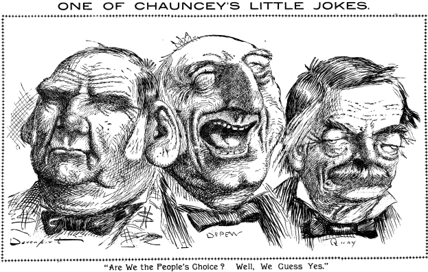 Poster titled "One of Chauncey's Little Jokes" featuring a drawing of three laughing people.