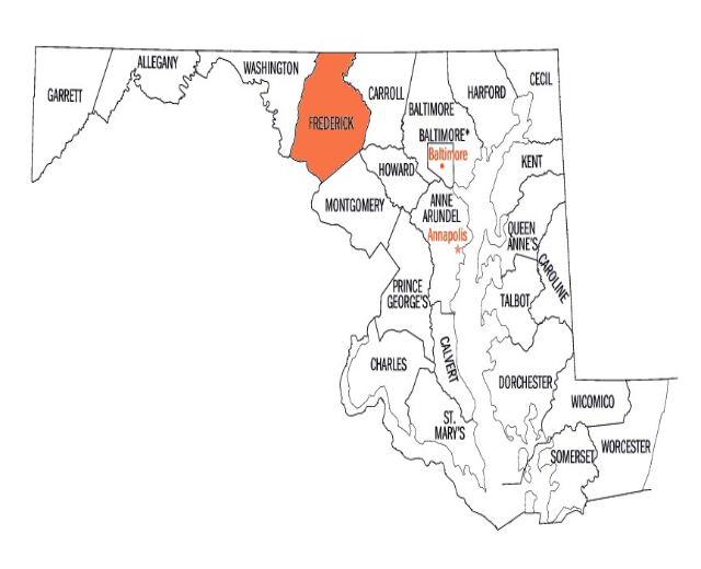 Eine weiße Karte von Maryland mit dem Frederick County in Orange hervorgehoben.