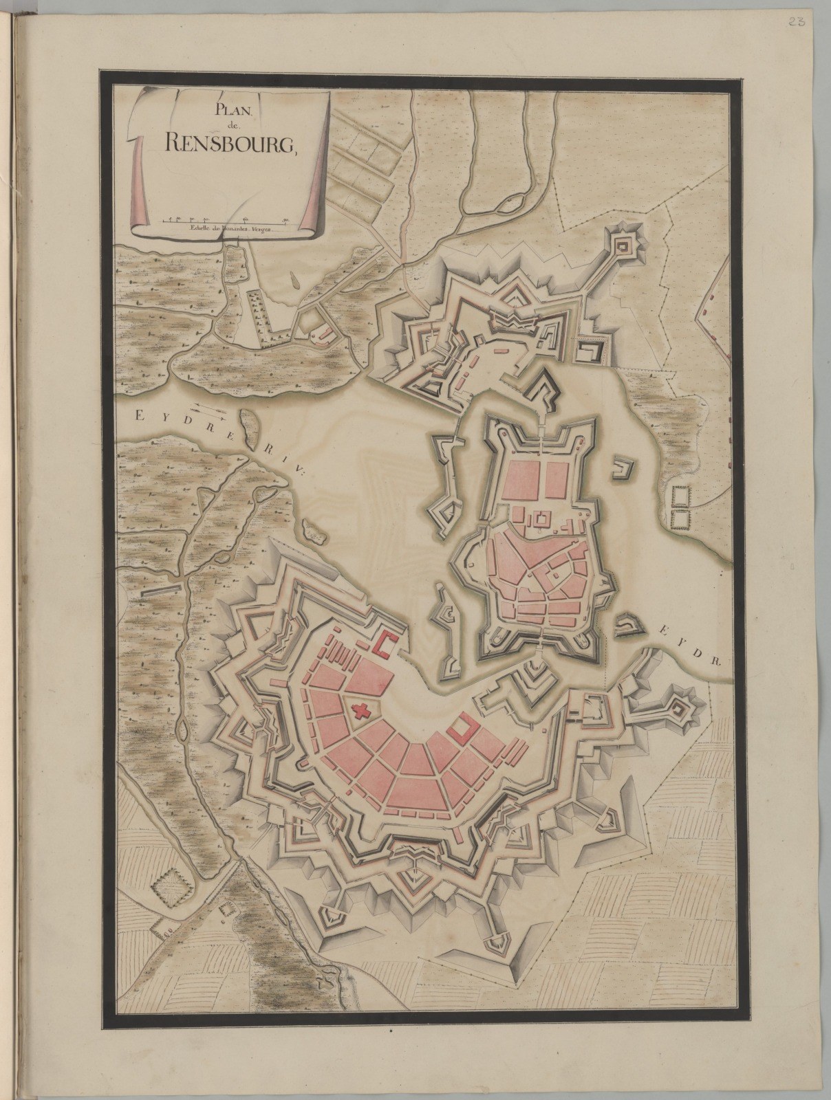 Ein altes Buch mit einer detaillierten Karte von Rensburg, Deutschland, mit Stra├čen, Geb├Ąuden und Sehensw├╝rdigkeiten, begleitet von Text ├╝ber die Bev├Âlkerung, Geschichte und Kultur der Stadt.