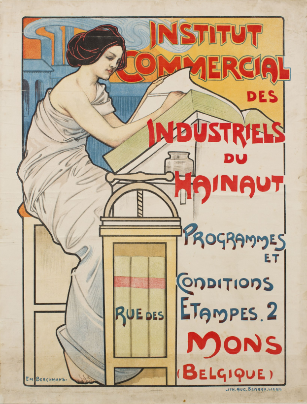 Plakat für das Institut Commercial des Industriels du Hainaut mit einer Frau, die an einem Tisch sitzt und ein Buch hält, begleitet von Text über das Institut.