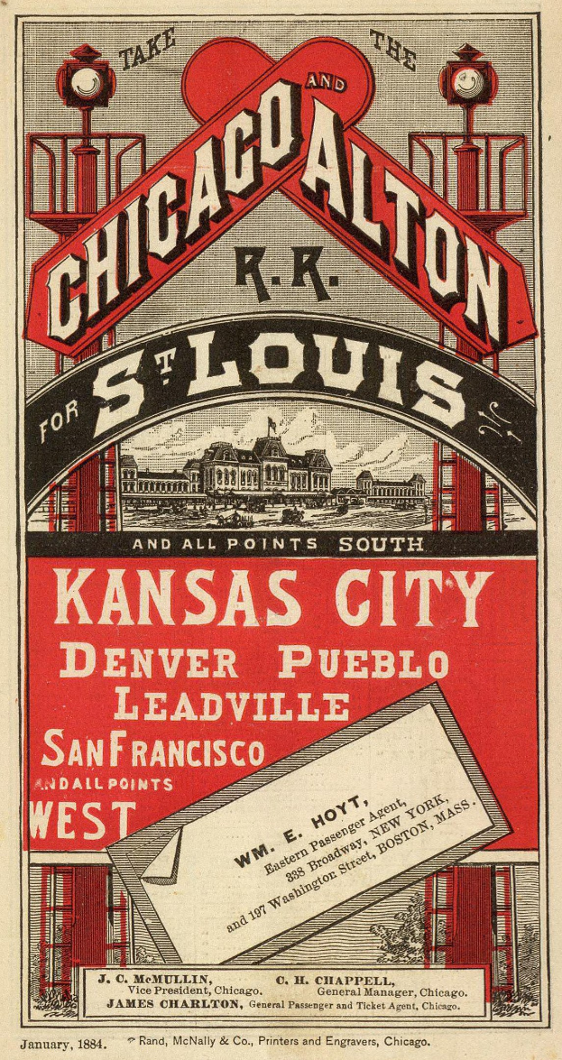 Anzeigetafel für die Chicago Alton Railroad, die Ziele wie St. Louis, Kansas City, Denver, Pueblo, San Francisco und San Francisco West zeigt, mit Text und Bildern von Gebäuden.