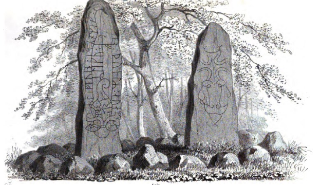 Schwarz-weiß-Zeichnung von zwei großen Steinen in einem bewaldeten Gebiet mit umgebenen Bäumen und Felsen, mit Text unten.