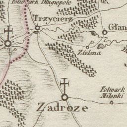 Detailed old map of Zadroze showing the route of the Battle of the Bulge, with roads, buildings, landmarks, and battle-related text annotations.