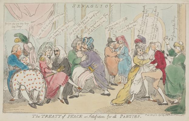 Eine handgezeichnete Skizze von Menschen, die um einen Tisch sitzen und stehen, mit dem Text "Der Friedensvertrag für alle Parteien" auf dem Papier.