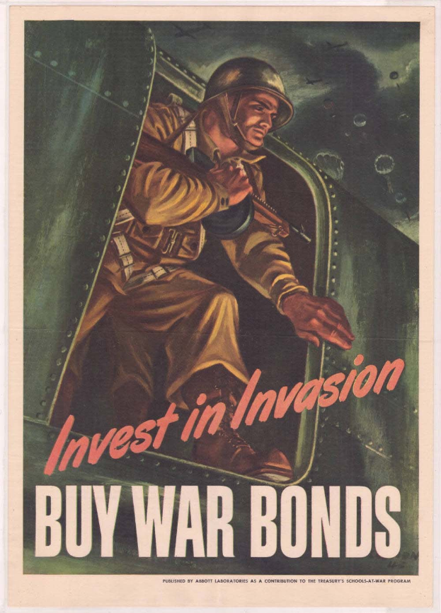 Plakat mit einem Soldaten in einem Helm und militärischer Uniform, der eine Waffe hält, mit dem Text "Investiere in die Invasion, kaufe Kriegsanleihen" darüber, der Kampfbereitschaft signalisiert.