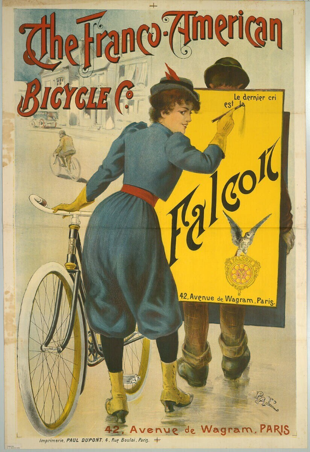 Plakat für die Franco-Amerikanische Fahrrad Co., das eine Frau neben einem Fahrrad mit Unternehmenstext zeigt.