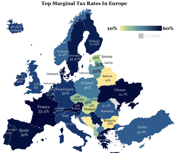 Eine Karte von Europa, die die höchsten Steuersätze pro Land anzeigt, mit der Überschrift "Höchste Steuersätze in Europa".