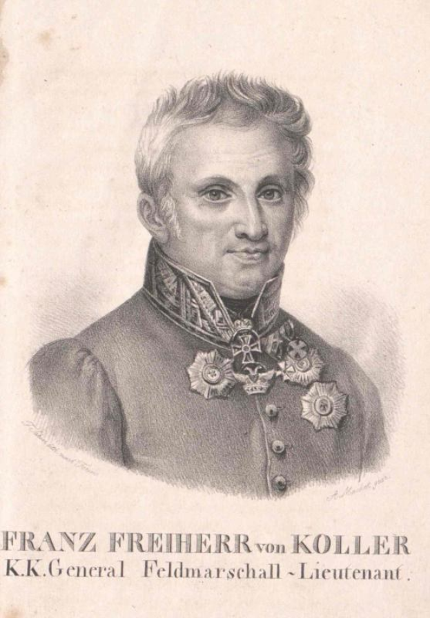 Portrait of Franz Freiherr von Koller, a German general, in military uniform with text at the bottom.