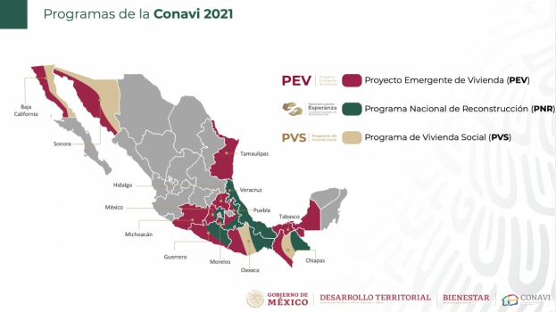Eine Karte Mexikos mit in verschiedenen Farben hervorgehobenen Provinzen, beschriftet mit "Programas de la Conavi 2021".