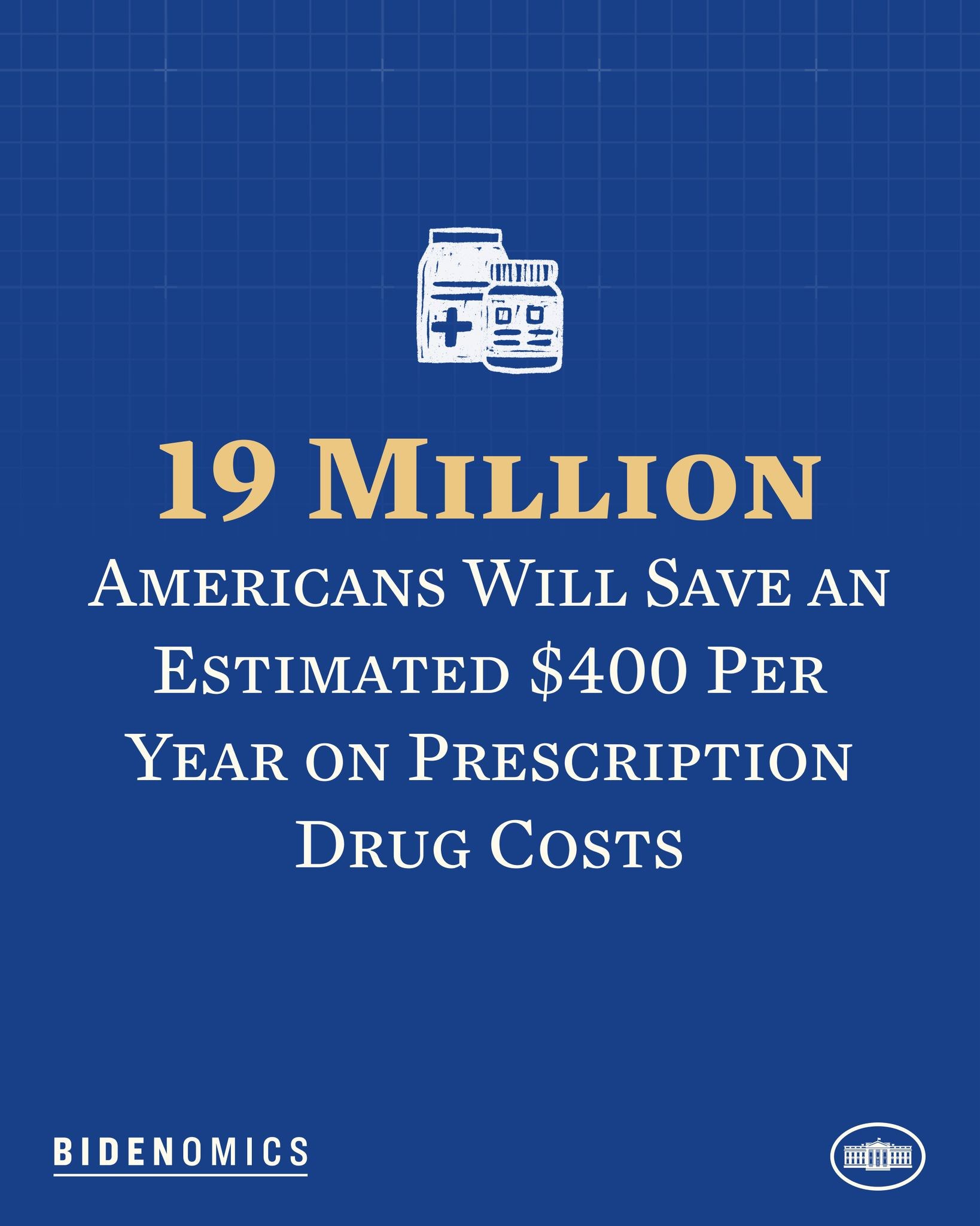 Blauer Hintergrund mit weißtem Text und Logo mit der Aufschrift "19 Millionen Amerikaner werden schätzlich 400 US-Dollar pro Jahr an Arzneikosten sparen".