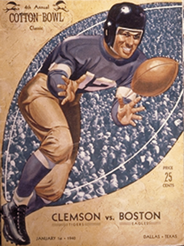 Ein Plakat eines Football-Spielers in einem Helm, der einen Football hält, mit der Aufschrift "Cotton Bowl Cleveland gegen Boston" darüber, der eine entschlossene Miene zeigt.