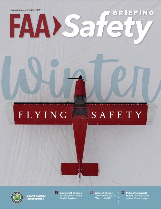 Titelbild der Ausgabe November/Dezember 2020 von FAA Safety Briefing mit einem Flugzeug in der Mitte umgeben von Text.
