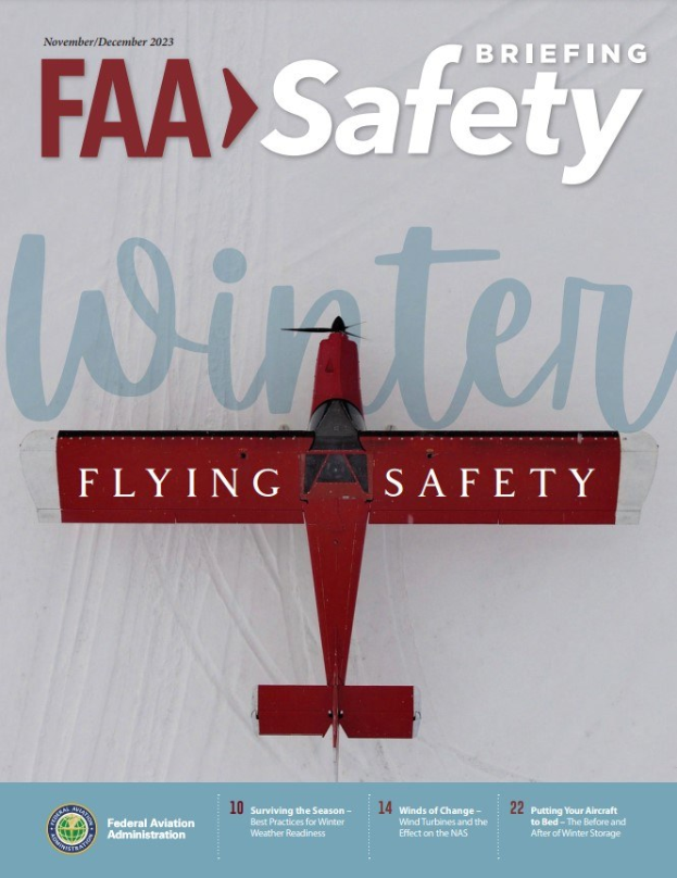 Titelbild der Ausgabe November/Dezember 2020 von FAA Safety Briefing mit einem Flugzeug in der Mitte umgeben von Text.