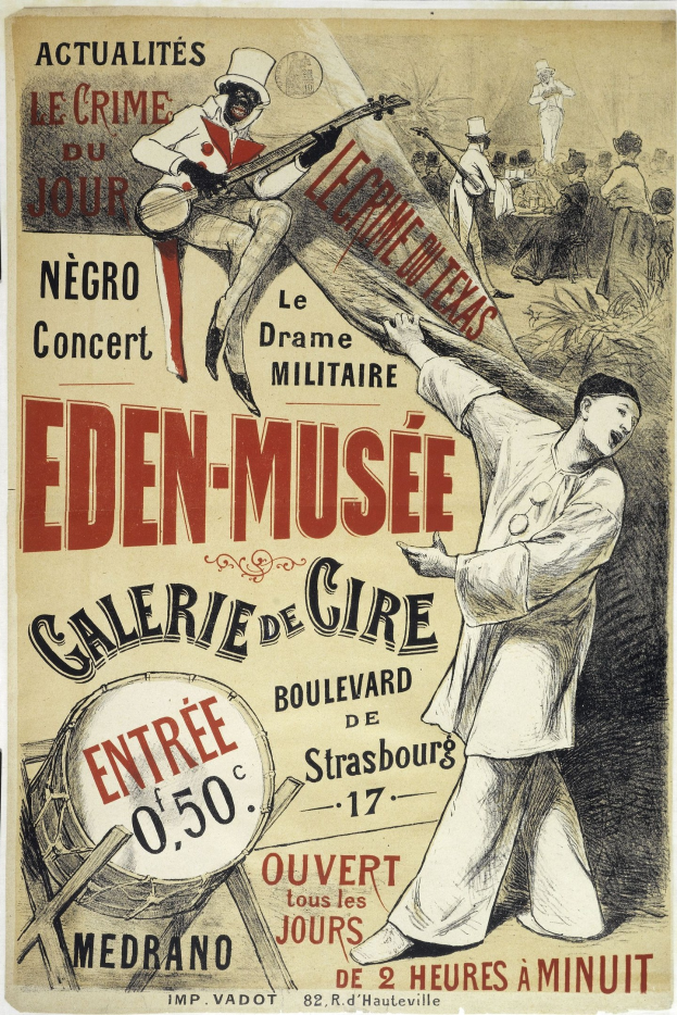 Poster for the Eden-Musee Galerie de Cire in Strasbourg, France, depicting a person playing a musical instrument surrounded by other musicians, with text providing event details.