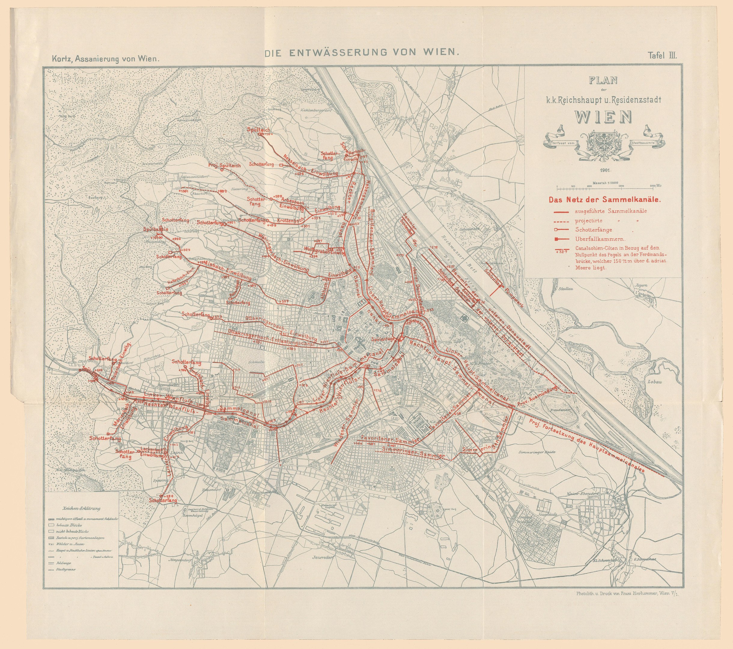 Alte Karte von Wien, Deutschland, mit roten Linien, die die Bahnroute markieren, auf Papier gedruckt.