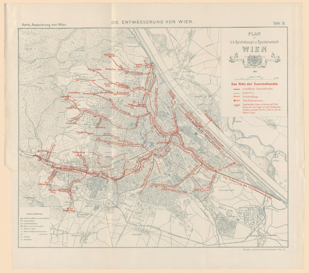 Alte Karte von Wien, Deutschland, mit roten Linien, die die Bahnroute markieren, auf Papier gedruckt.