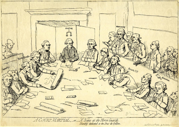 Gerichtssaal-Szene mit Anwälten, die um einen langen Tisch sitzen, der mit Dokumenten und Gegenständen bedeckt ist, mit sichtbarem Text unten.