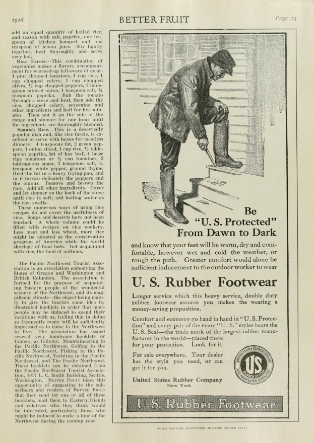 Alte Werbung für U.S. Rubber Footwear mit einem Mann in Stiefeln, Beschreibung des Produkts und seiner Merkmale.