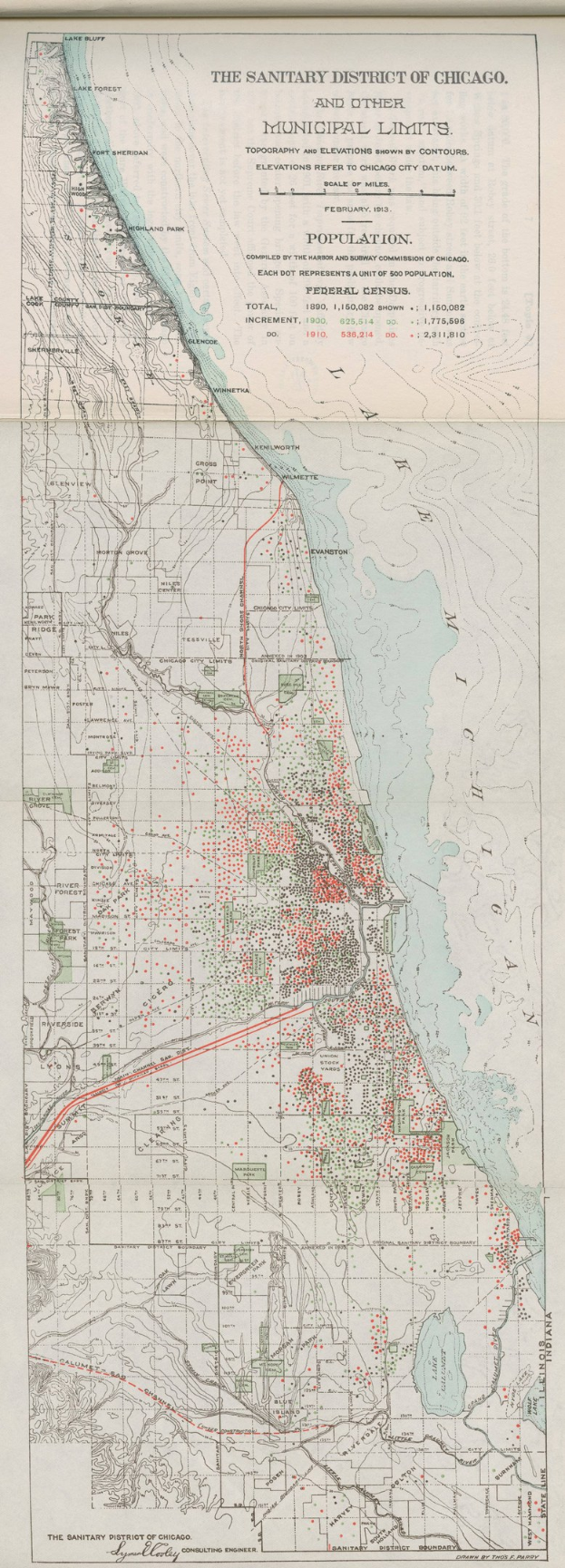 Black and white map of the Sanitary District of Chicago showing municipal boundaries and text details.