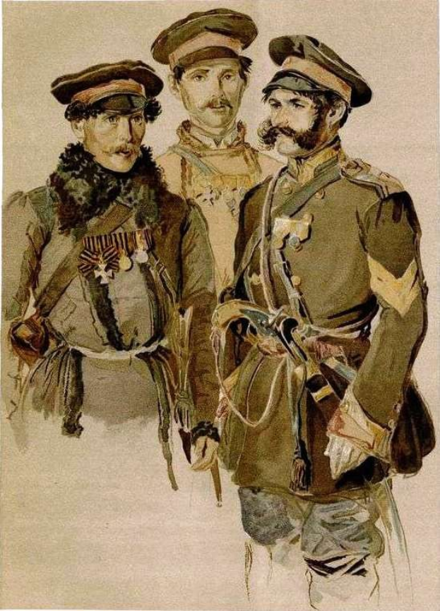 Drei Männer in russischer Militäruniform stehen nebeneinander, jeder trägt eine Mütze und hält eine Waffe, mit dem Text 'Sergei Vorobyev, General der russischen Armee' unten.