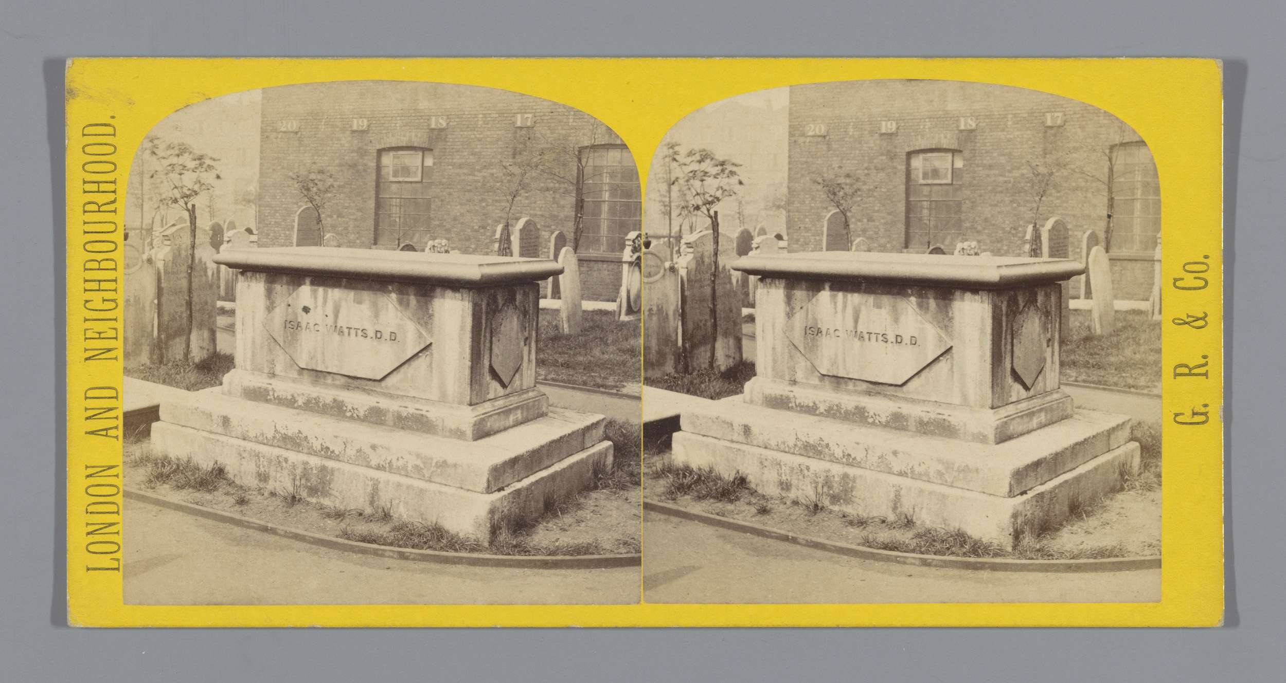 Old black and white photo of a cemetery with gravestones, trees, and a building in the background, with text reading "London and Neighbourhood" on the left side.