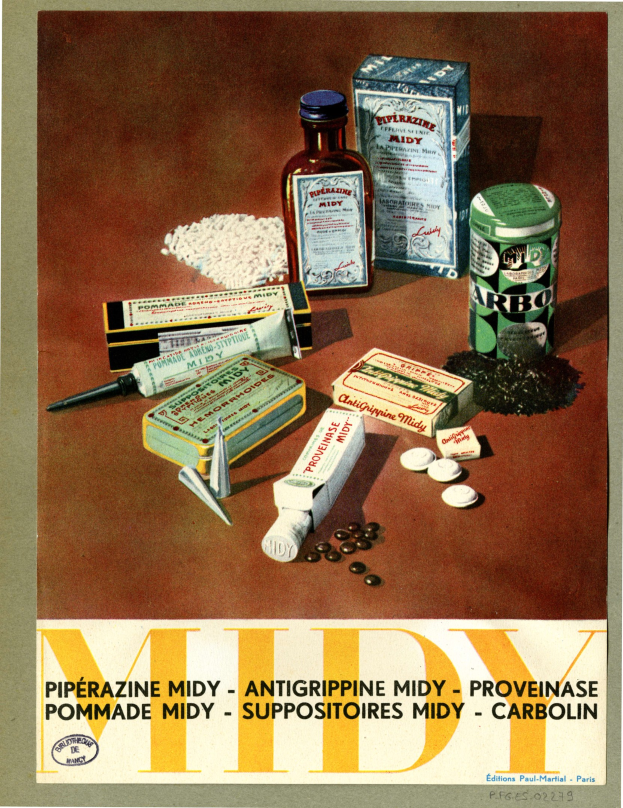 Plakat mit verschiedenen Medikamenten, darunter Flaschen und Schachteln, mit Text unten: "Piperazine Midy - Antigripine Midy Provence".
