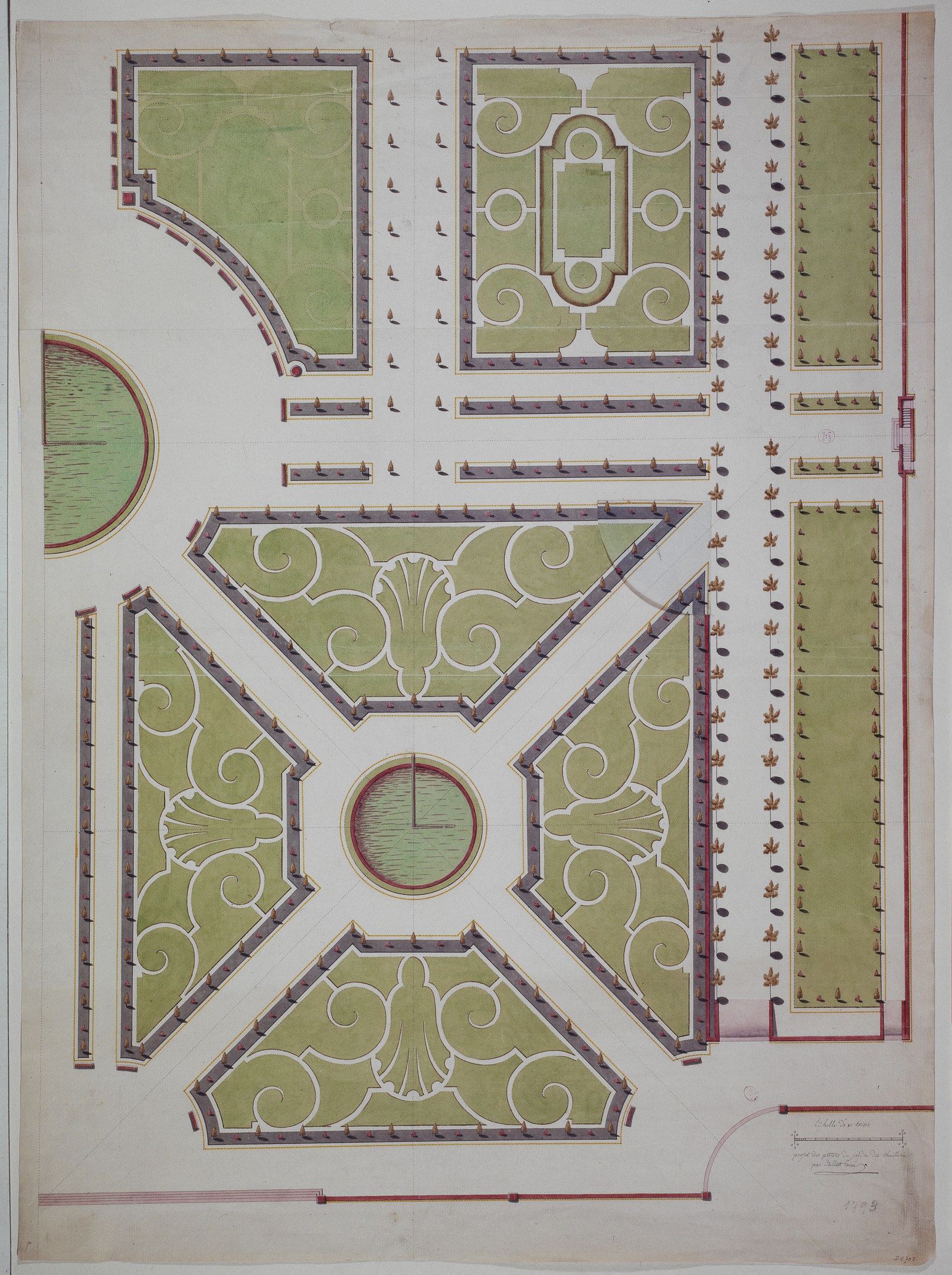 Ein detaillierter Gartenplan mit einem zentralen kreisförmigen Design, umgeben von grünem Gras und Bäumen, mit komplexen Formen, Farben und beschrifteten Pfaden.