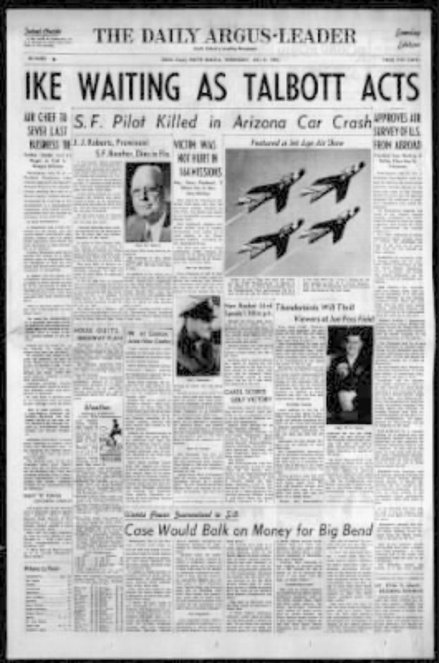Titelseite der Daily Argus-Leader-Zeitung aus Arizona mit schwarzem Hintergrund, Headline "Ike Waiting as Talbott Acts" und Bilder von Menschen und Flugzeugen.