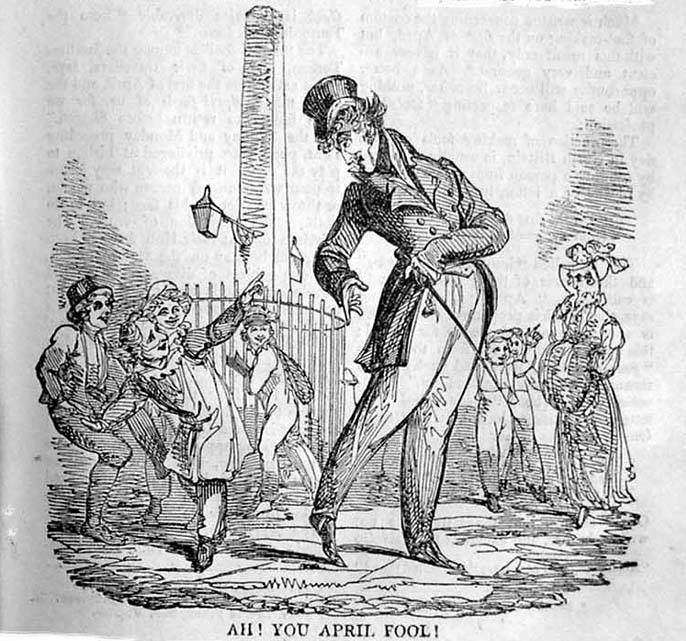 Cartoon of a man in a top hat and tails performing for a crowd, with a pole and fence in the background, labeled "April Fool's Day" at the bottom.