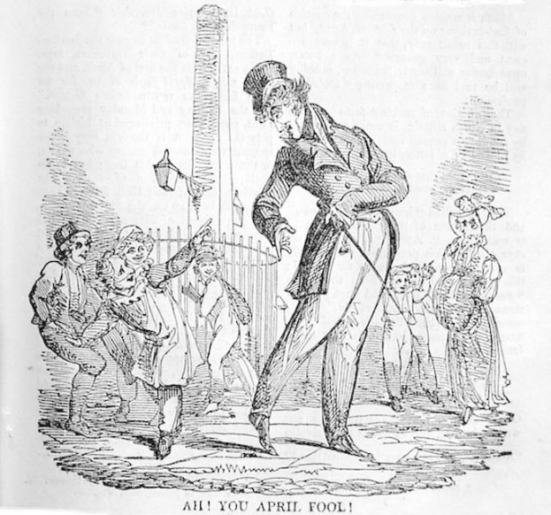 Cartoon of a man in a top hat and tails performing for a crowd, with a pole and fence in the background, labeled "April Fool's Day" at the bottom.