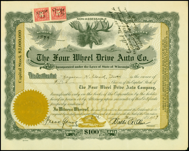 Vierradantrieb-Auto-Aktienzertifikat mit goldenem Siegel, Text, numerischen Werten und mehrfarbigen Stempeln.