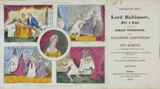 Abbildung eines historischen Gerichtsakts mit Porträts, Vorhängen und Text, der einen Fall zeigt, der Lord Baltimore und einen angeblichen Angriff auf Sarah Woodcock und Elizabeth Griffinburg betrifft.