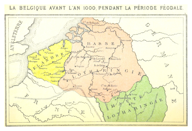 Eine Karte von Belgien mit den französischen Provinzen in verschiedenen Farben hervorgehoben, einschließlich Text, der die Namen und Grenzen der Provinzen beschreibt.