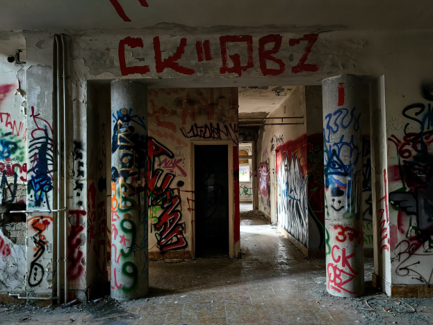 Verlassene Gebäudeinnenseite mit Graffiti an den Wänden, sichtbarem Boden, freiliegenden Rohren und einer Tür im Hintergrund.
