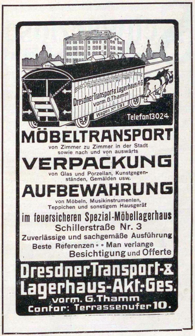 Advertisement for a train featuring a train image, text reading "Dresdner Transport & Lagerhaus-Akt-Ges," and buildings in the background.