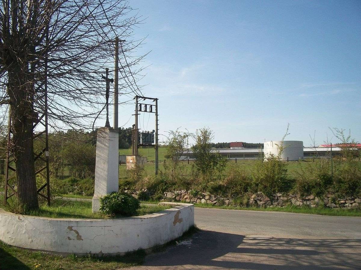 Eine Straße mit einem Baum in der Mitte, umgeben von Vegetation und künstlichen Strukturen, die zu Gebäuden im Hintergrund unter einem bewölkten Himmel führt.