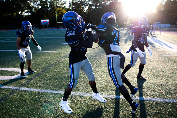 Gruppe junger Männer in Helmen und Fußballschuhen auf einem Feld mit Bäumen und einem klaren blauen Himmel.