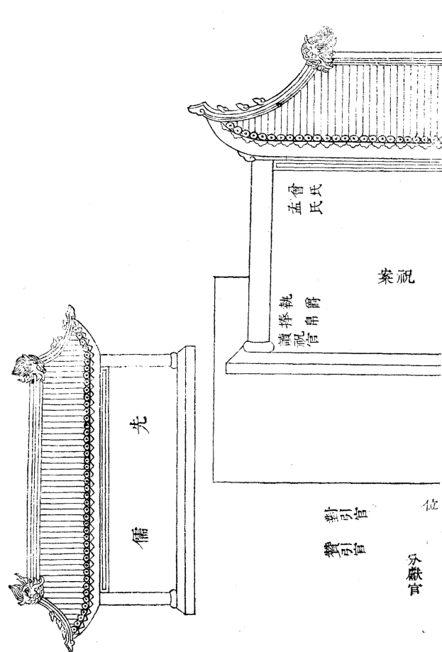 Ausführliches technisches Zeichnung eines chinesischen Tors mit gekrümmten Kanten und detaillierter Gestaltung, begleitet von chinesischem Patentantragstext.