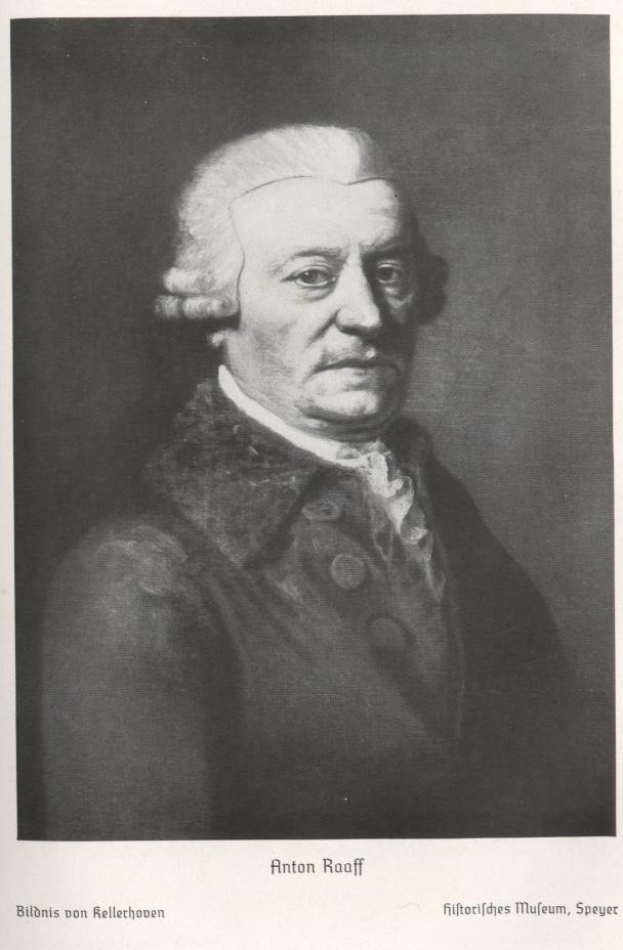 Black and white portrait of Anton Raaff, a German composer, wearing a coat with text at the bottom.