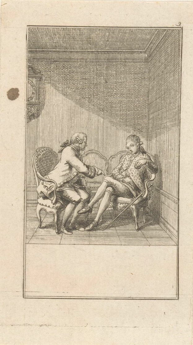 Gravur eines formell gekleideten Mannes und einer Frau, die in einem Stuhl sitzen und sich über ein Papier mit einer Zeichnung auf einem formellen Hintergrund unterhalten.