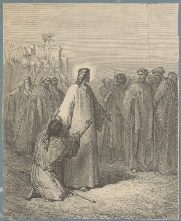 Schwarze und weiße Zeichnung von Jesus, der vor einer Gruppe von Menschen steht, mit Bäumen und Gebäuden im Hintergrund, mit der Beschriftung 'Die Rückkehr des verlorenen Sohnes' unten.