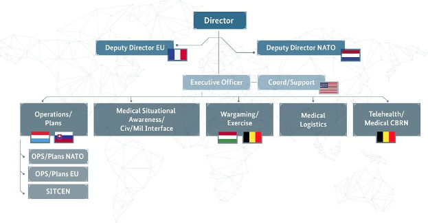 Diagramm der organisatorischen Struktur der Europäischen Union mit Flaggen der Mitgliedstaaten und beschrifteten Abteilungen und Rollen.