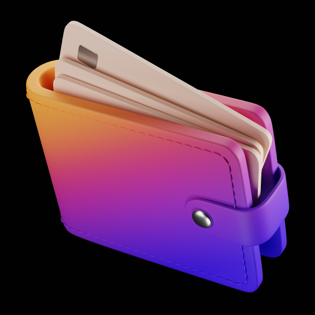 Eine lila und orangefarbene Geldbörse mit einem Kreditkartenhalter, gefüllt mit Karten, vor einem weißen Hintergrund.