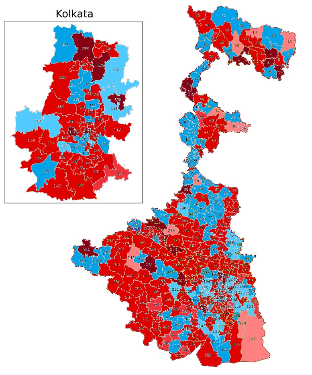 Farbcodierte Karte von Kolkata, Indien, die die Bevölkerungsverteilung in Prozent zeigt, mit dem Text "Kolkata-Wahl-Ergebnisse" oben.