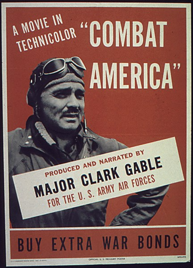 Filmplakat für "Kampf Amerika" mit einer Person in Militäruniform mit entschlossener Miene, umgeben von fetter weißer Schrift.