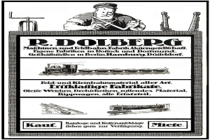 Advertisement poster for R.D. Dolberg's factory in Hamburg, Germany, displaying text and images of a person, a train, and other objects.
