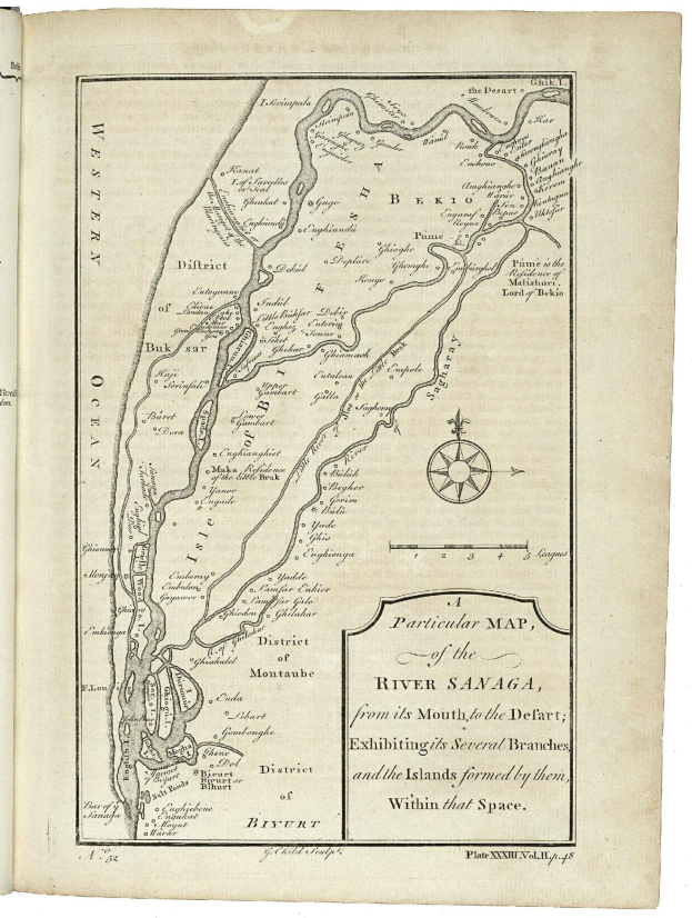 Ein altes Buch mit einer detaillierten Karte des Samaga-Flusses und Texten, die geografische Informationen und Namen von Sehenswürdigkeiten entlang der Route enthalten.