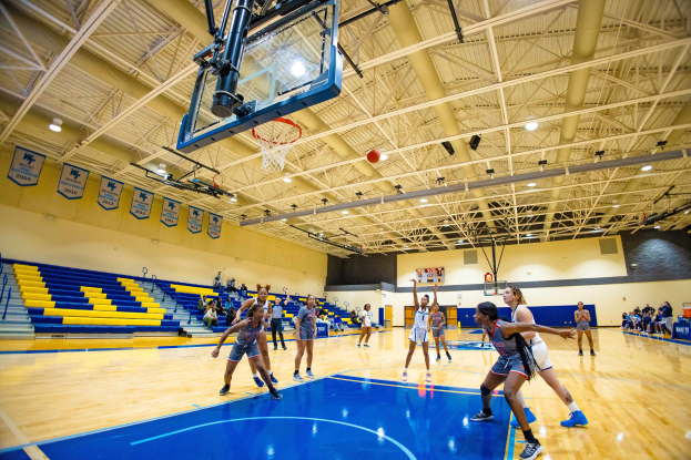 Gruppe von Frauen, die Basketball in einer Turnhalle mit Zuschauern auf der linken Seite, einem Basketballkorb in der Mitte und Bannern spielen, die "WKU Women's Basketball" und das Datum 19. Januar 2019 tragen.