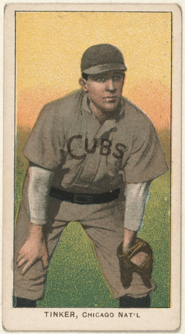 Baseballkarte mit einem Mann in einer Mütze und einem Handschuh mit der Aufschrift "Tinker, Chicago Nat'l" unten.